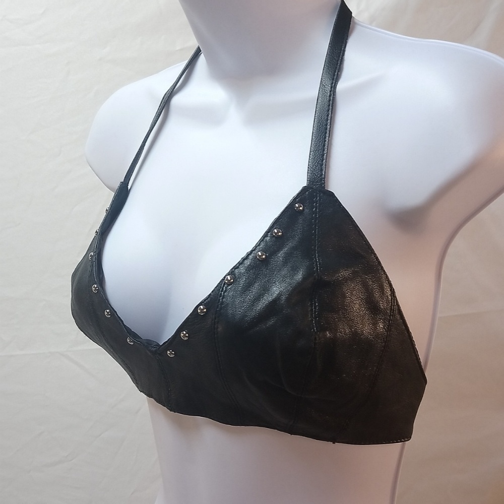 Genuine Leather Bikini Top Studded Black NWOT - Picture 4 of 7